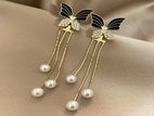 Cubic Zirconia Decor Butterfly & Faux Pearl Drop Earrings