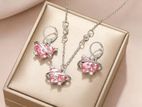 Fashion Jewelry Set Crystal Pink Heart Necklace Earrings for Women Girl