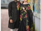 Hand Painted Half Silk Saree Panjabi Couple Set