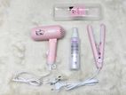 Mini hair straightener, dryer and protection spray