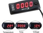 Motorcycle LED Digital 3 in 1 Time Temperature, Voltmeter & Thermometer