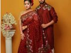 Panjabi & Saree Skin Printed Half Silk Couple Set