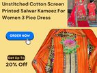 Unstitched Cotton Screen Printed Salwar Kameez For Women 3 Piece Dress