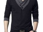 V-Neck Black Cotton Long Sleeve T-Shirt for Men